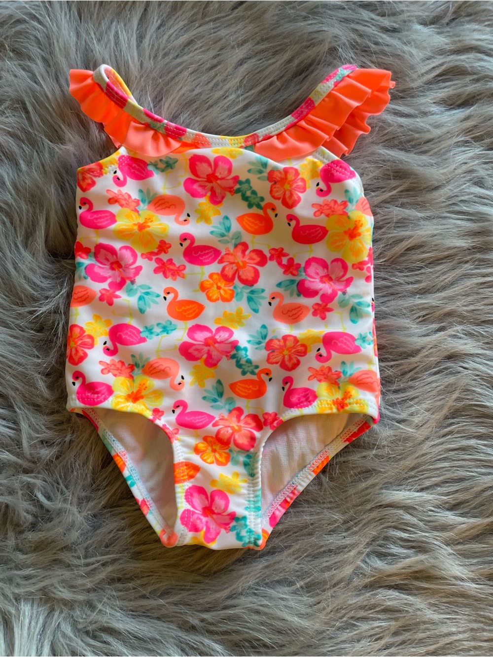 🌭Girls Floral Flamingo Ruffle-Shoulder One-Piece Swimsuit - Pink/Orange